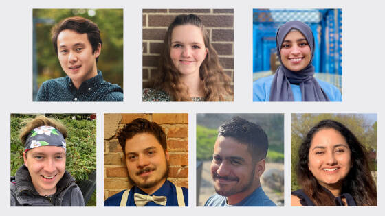 Seven smiling individuals appear in a grid of head‑and‑shoulder portraits (three across the top row, four along the bottom), each facing the camera in casual or semi‑formal attire against neutral or outdoor backdrops.
